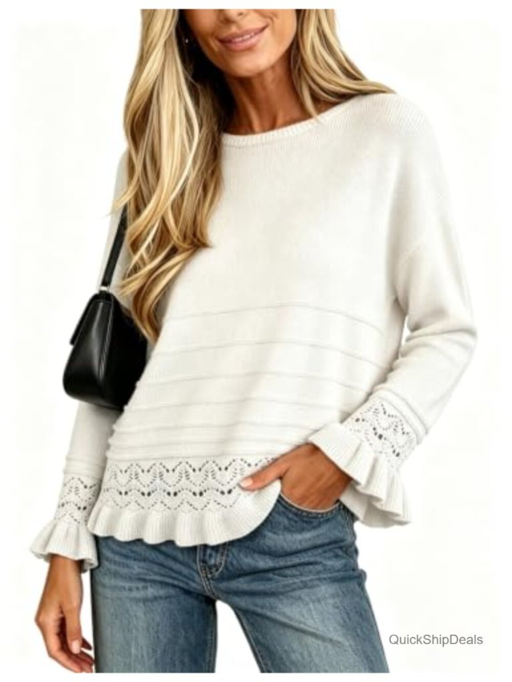 Long Sleeve Knit Sweater Ruffle Lace Pullover Crew Neck Casual Top